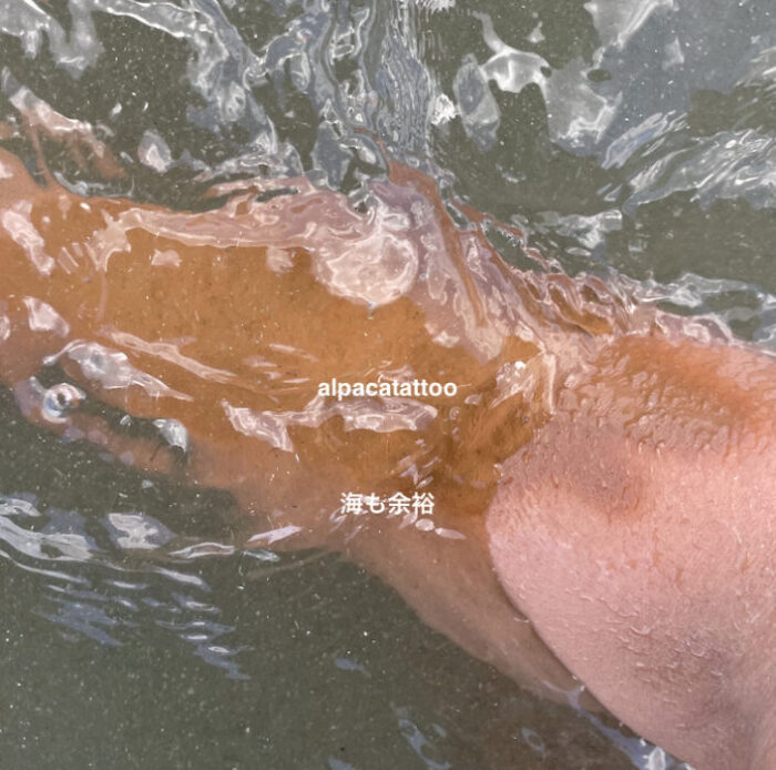 カクシスの耐水性テスト中。このあと海で5時間、お風呂、翌日温泉入ったけど問題なし。 『全員買わないと損!』在庫切れ続出のタトゥー隠しファンデーションスプレー「カクシス」がどれだけ凄かったのか?画像で分かりやすく解説。本当にタトゥーを隠しても人にバレないのか?そのほか耐久性、耐水性、海でプールで温泉で遊んでも剥がれないのか?2色が推奨される理由や使い方から簡単な除去方法も紹介しています。